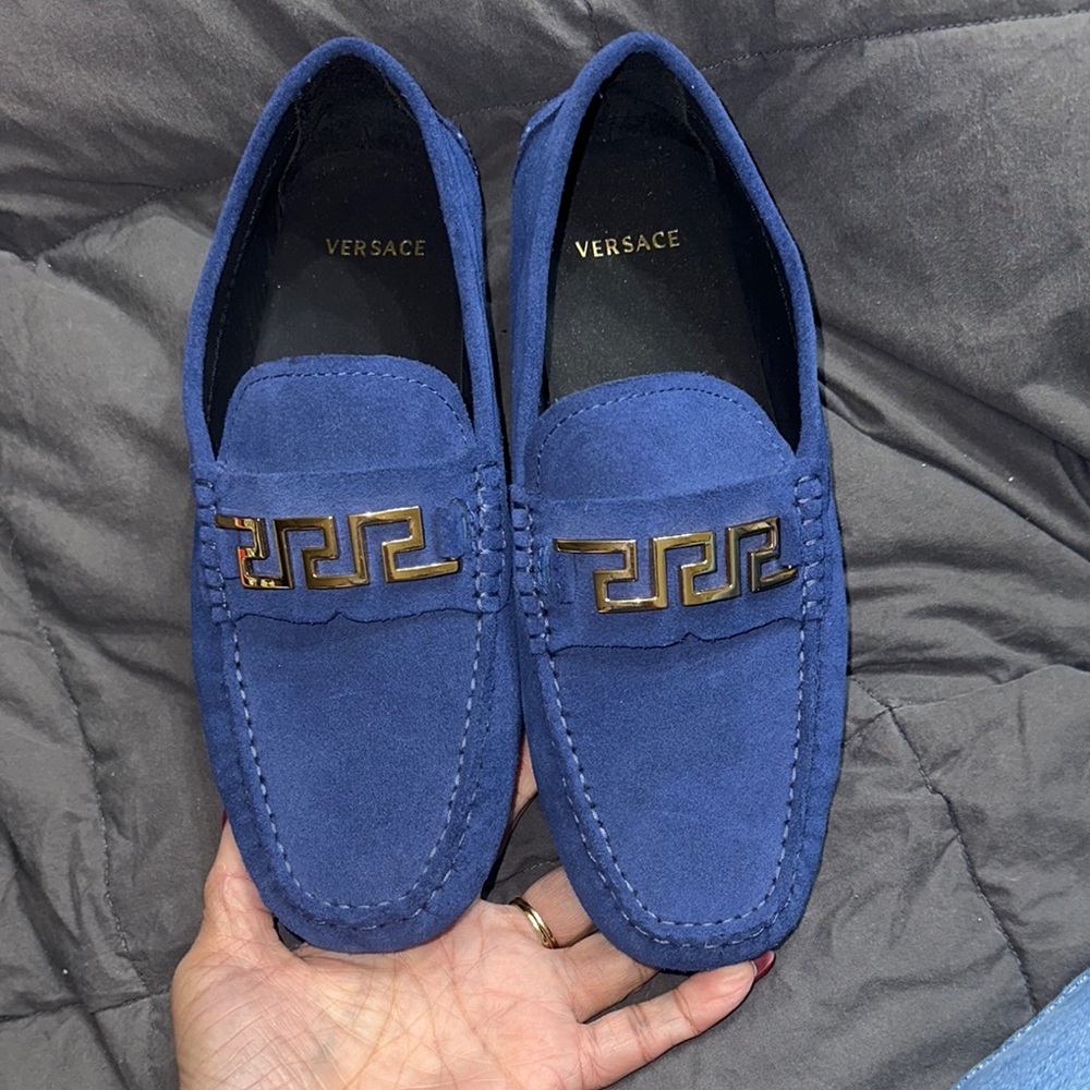 Versace Blue and Gold Loafers with Decorative Hardware